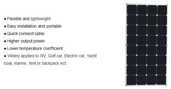 Features of 32 cells flexible and portable 110W monocrystalline solar panel